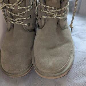 UGG Women's Lace-Up Suede Boots in Olive Green with Tan Soles